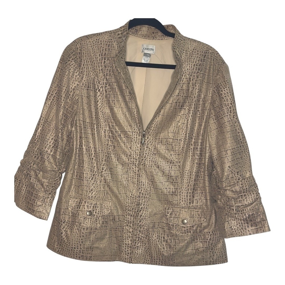 Chico's Crocodile Print Jacket 3/4‎ Sleeve Full Zip Blazer Beige Lined Size 3